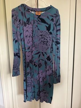 Tory Burch Teal & Lavender Floral Long-Sleeve Dress
